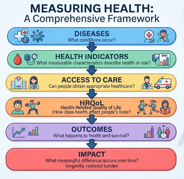 Six categories used to measure health: diseases, health indicators, access to healthcare services, health-related quality of life, outcomes, and impact indicators