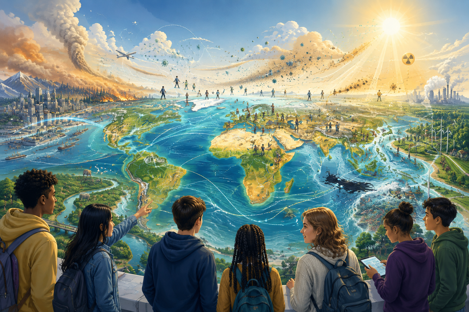 Young person viewing global health information and public-health data networks.