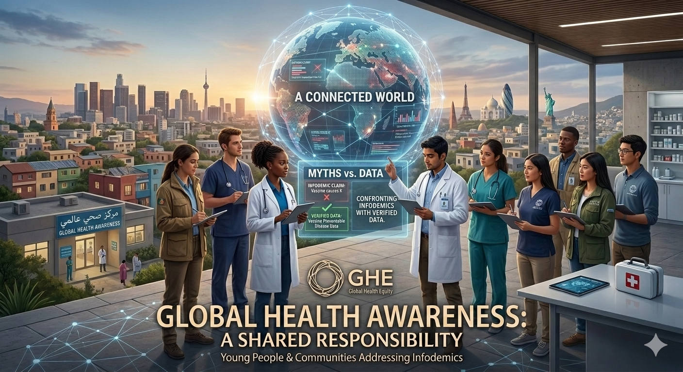 Young people collaborating around a globe to turn global health awareness into responsible action.